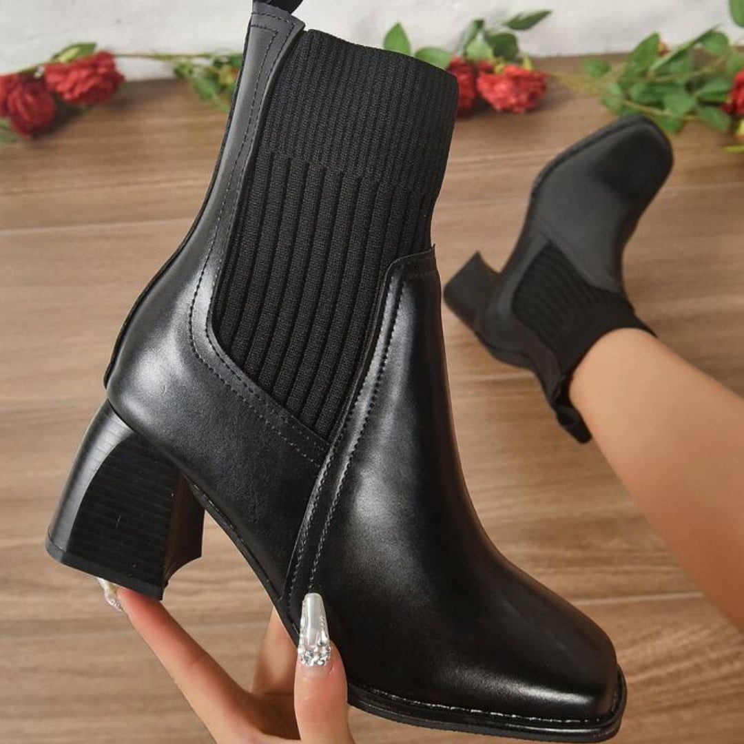 Women's Block Heel Sock Ankle Boots with Knit Shaft and Square Toe - Image 9