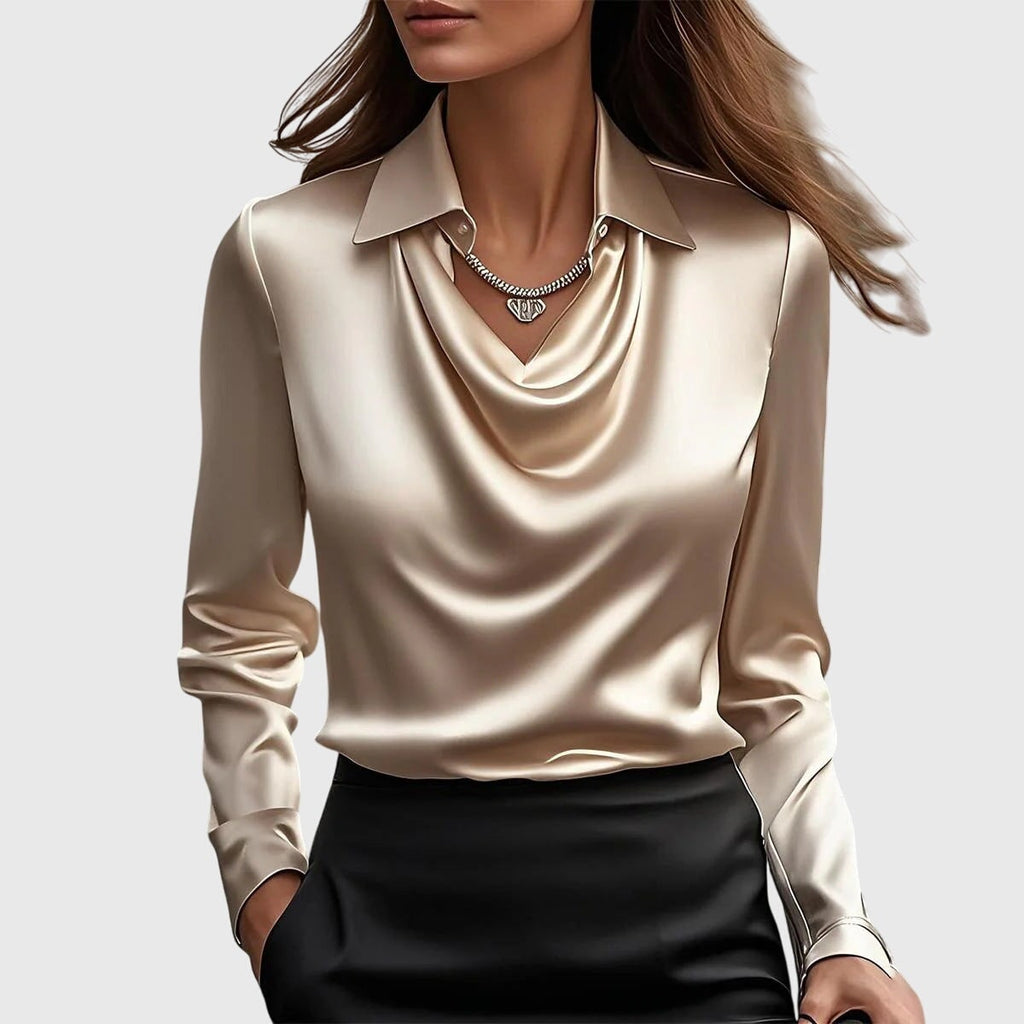 Womens Blouse Cowl Neck Shiny -Like Fabric Draped Neckline - Image 1