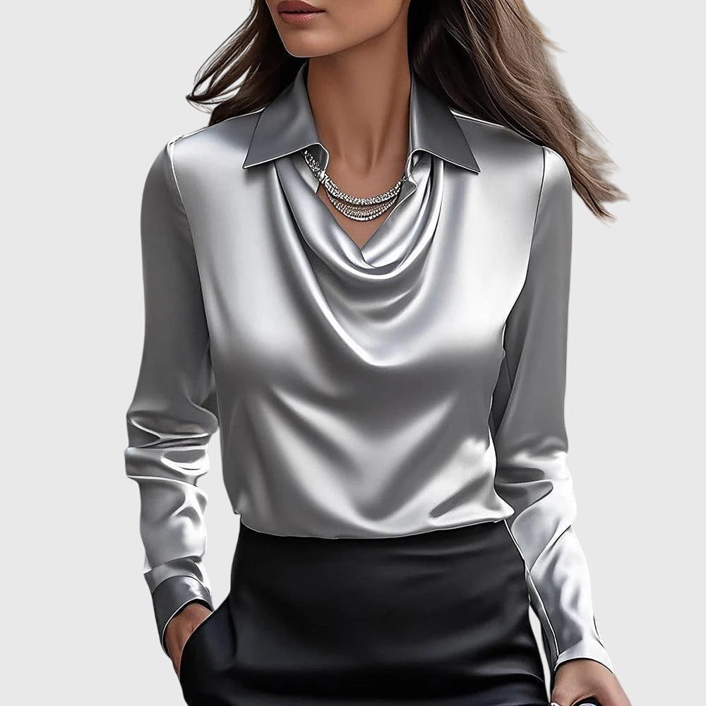 Womens Blouse Cowl Neck Shiny -Like Fabric Draped Neckline - Image 2