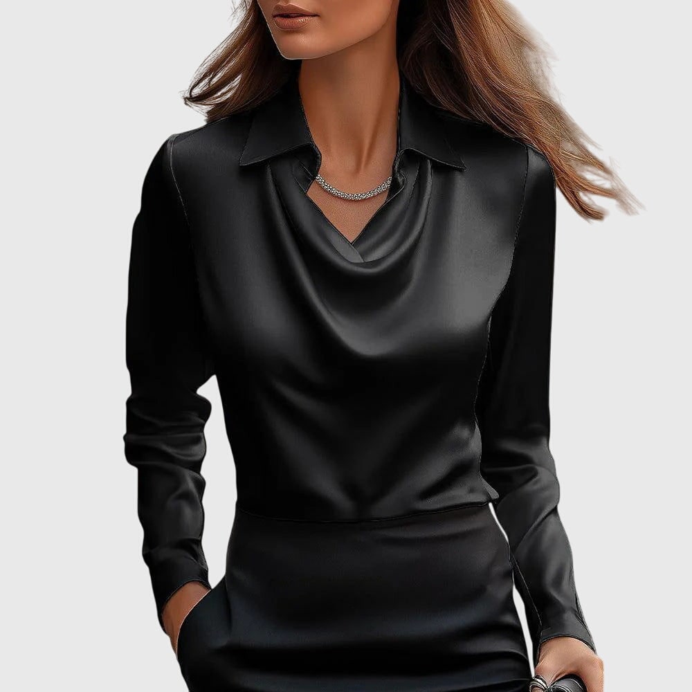 Womens Blouse Cowl Neck Shiny -Like Fabric Draped Neckline - Image 3