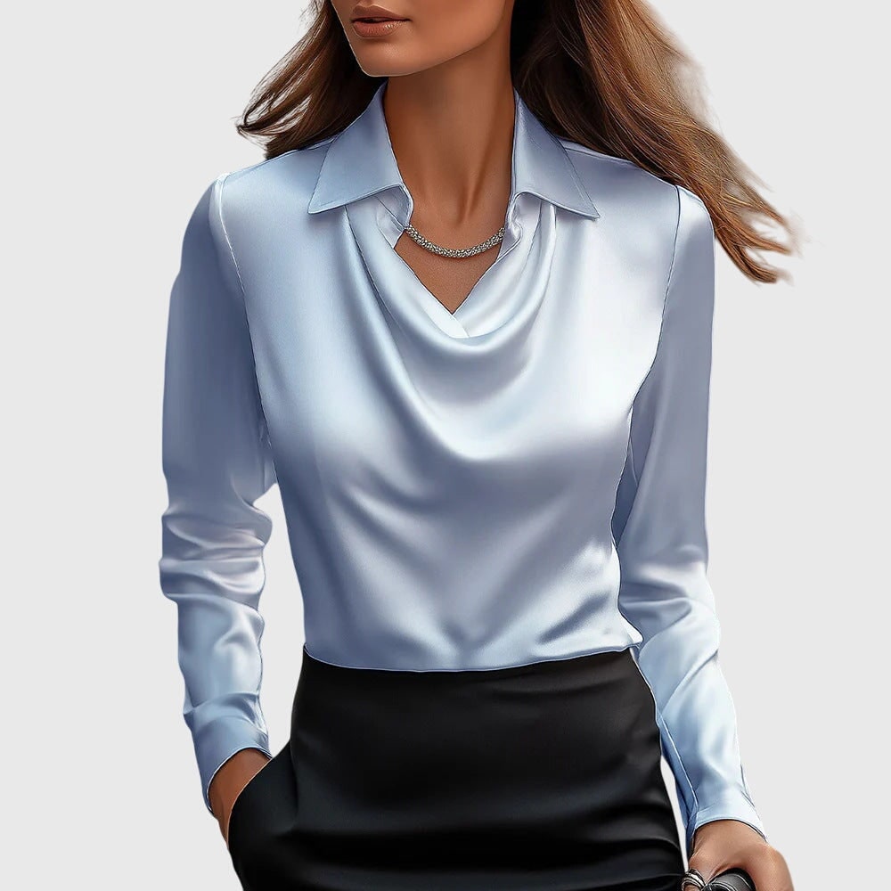 Womens Blouse Cowl Neck Shiny -Like Fabric Draped Neckline - Image 4