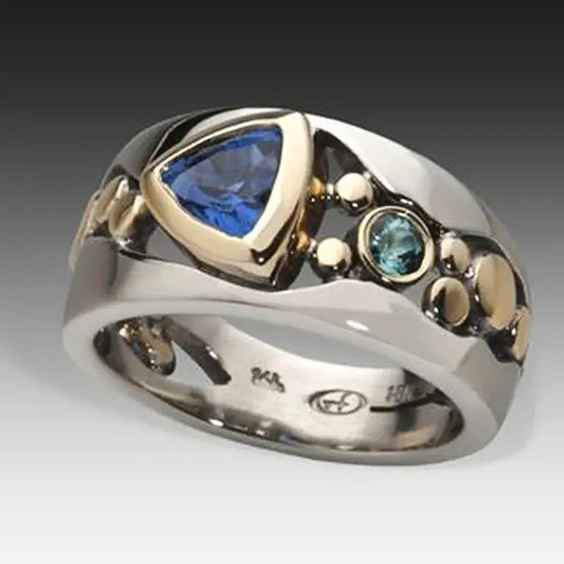 Women's Blue Gemstone Cocktail Ring Wide Band Trillion Cut Statement - Image 1