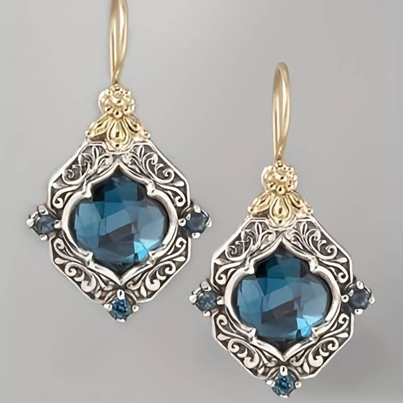 Women's Blue Vintage Drop Earrings Gold Silver Filigree Diamond Shaped - Image 1