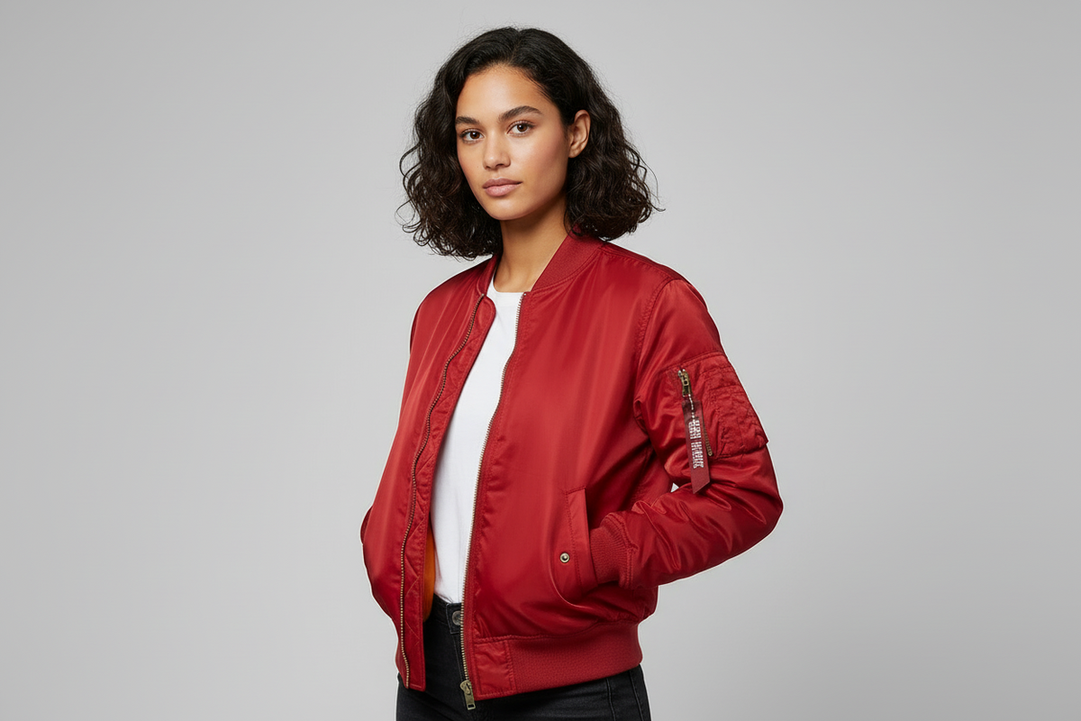 Women's Bomber Jacket with Quilted Lining and Satin Finish Utility Pocket - Image 1