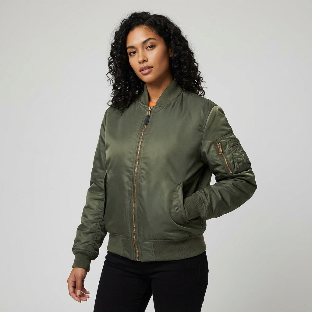 Women's Bomber Jacket with Quilted Lining and Satin Finish Utility Pocket - Image 11
