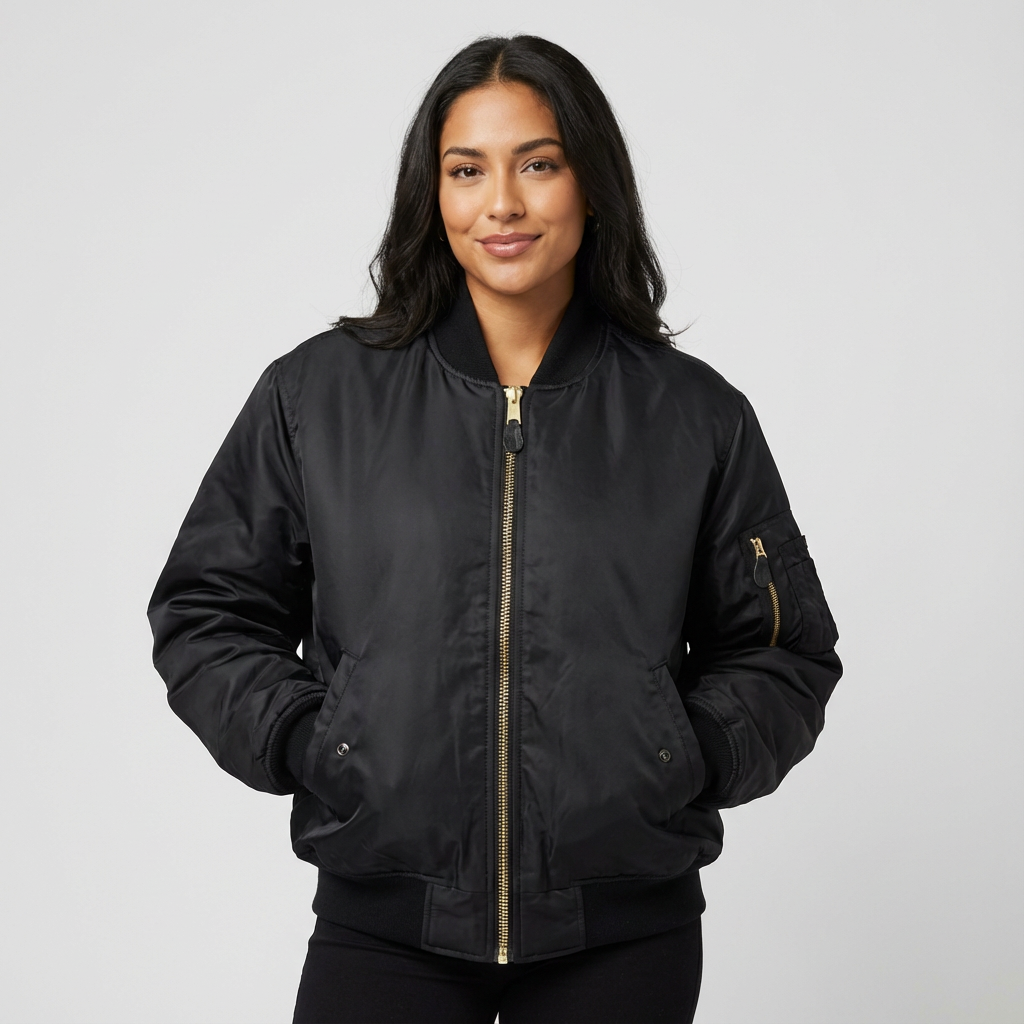 Women's Bomber Jacket with Quilted Lining and Satin Finish Utility Pocket - Image 13