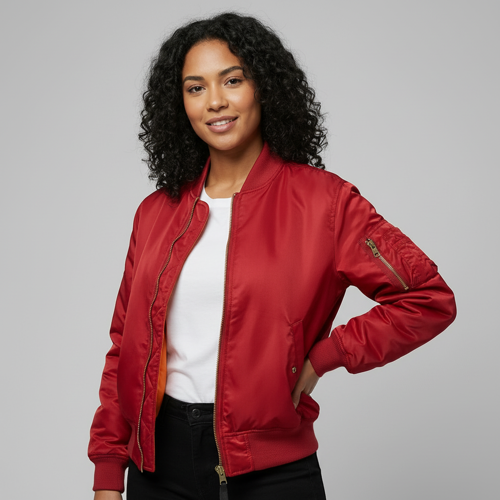 Women's Bomber Jacket with Quilted Lining and Satin Finish Utility Pocket - Image 2