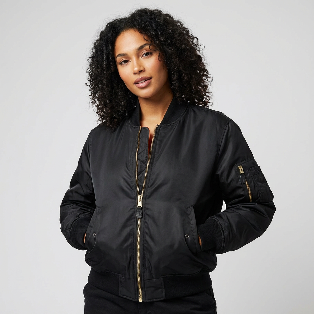 Women's Bomber Jacket with Quilted Lining and Satin Finish Utility Pocket - Image 3
