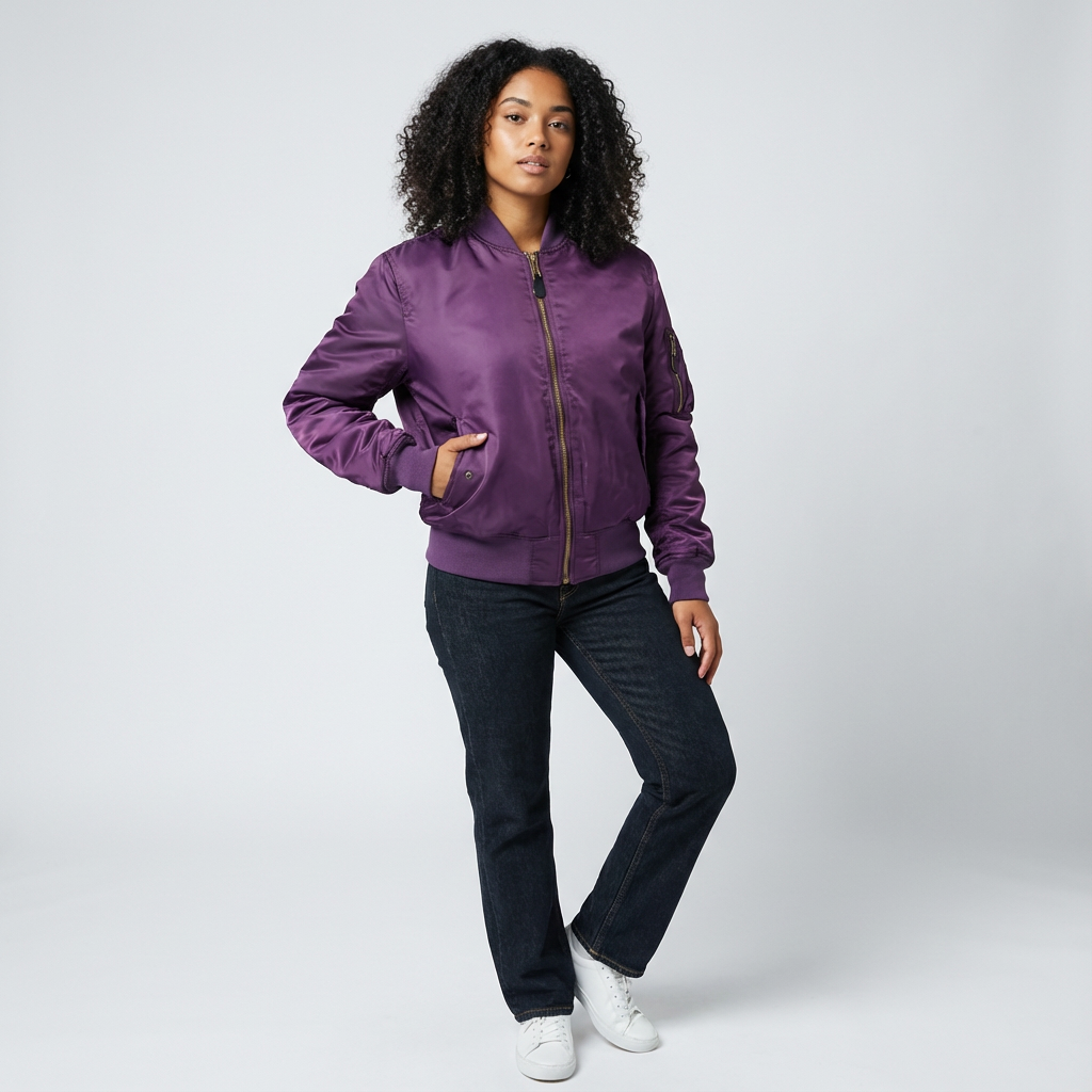 Women's Bomber Jacket with Quilted Lining and Satin Finish Utility Pocket - Image 5
