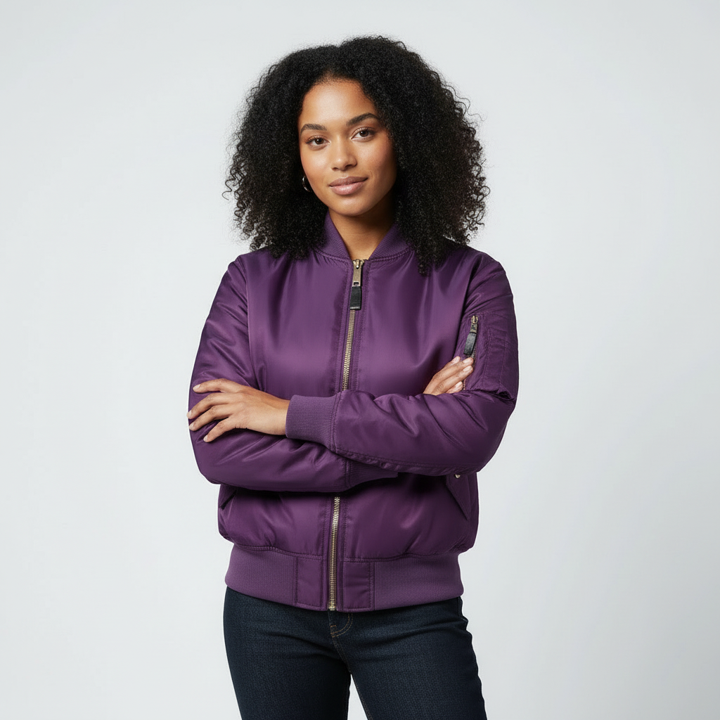Women's Bomber Jacket with Quilted Lining and Satin Finish Utility Pocket - Image 6
