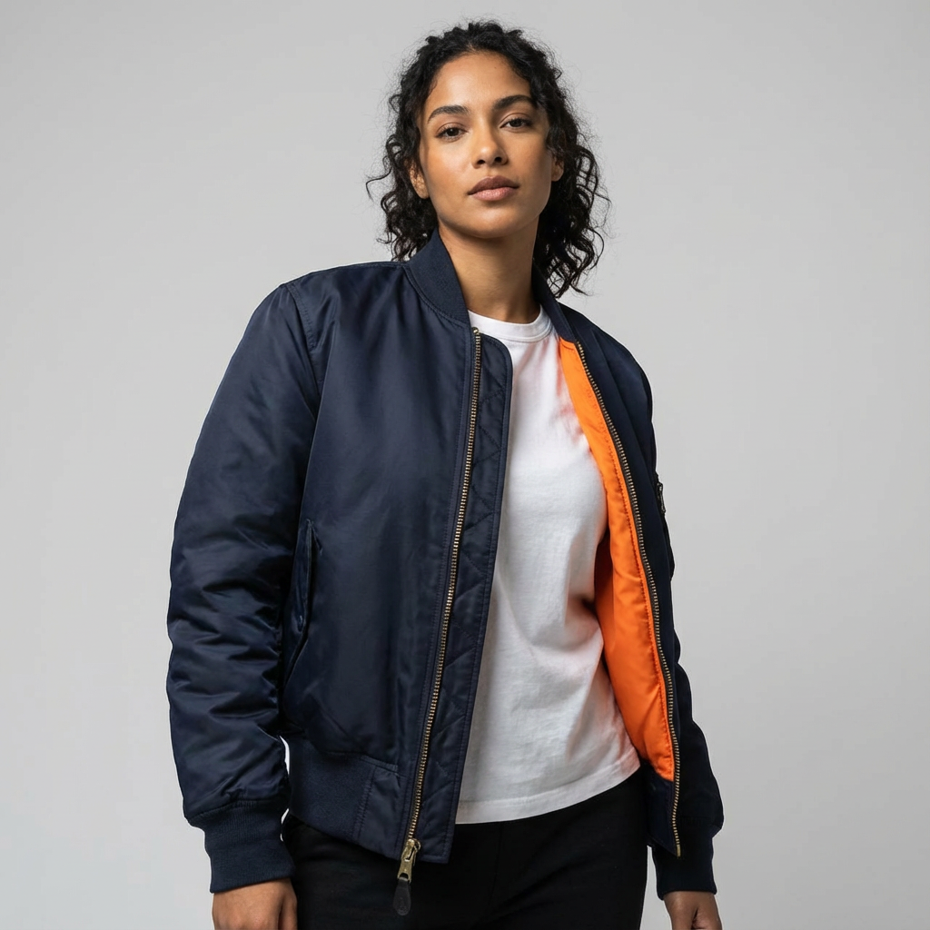 Women's Bomber Jacket with Quilted Lining and Satin Finish Utility Pocket - Image 7