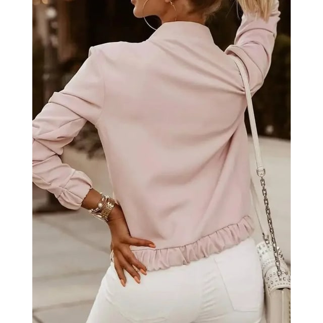 Women's Bomber Jacket with Ruffled Trim and Full Zip - Image 5