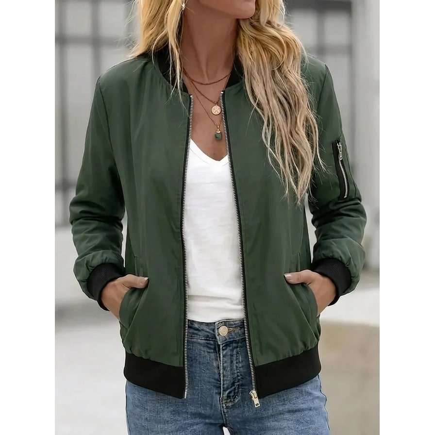 Women's Bomber Jacket with Zippered Sleeve Pocket and Ribbed Trim - Image 1