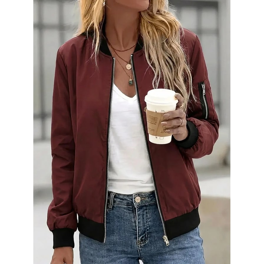 Women's Bomber Jacket with Zippered Sleeve Pocket and Ribbed Trim - Image 4