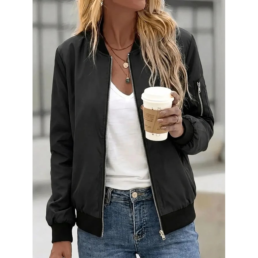 Women's Bomber Jacket with Zippered Sleeve Pocket and Ribbed Trim - Image 5