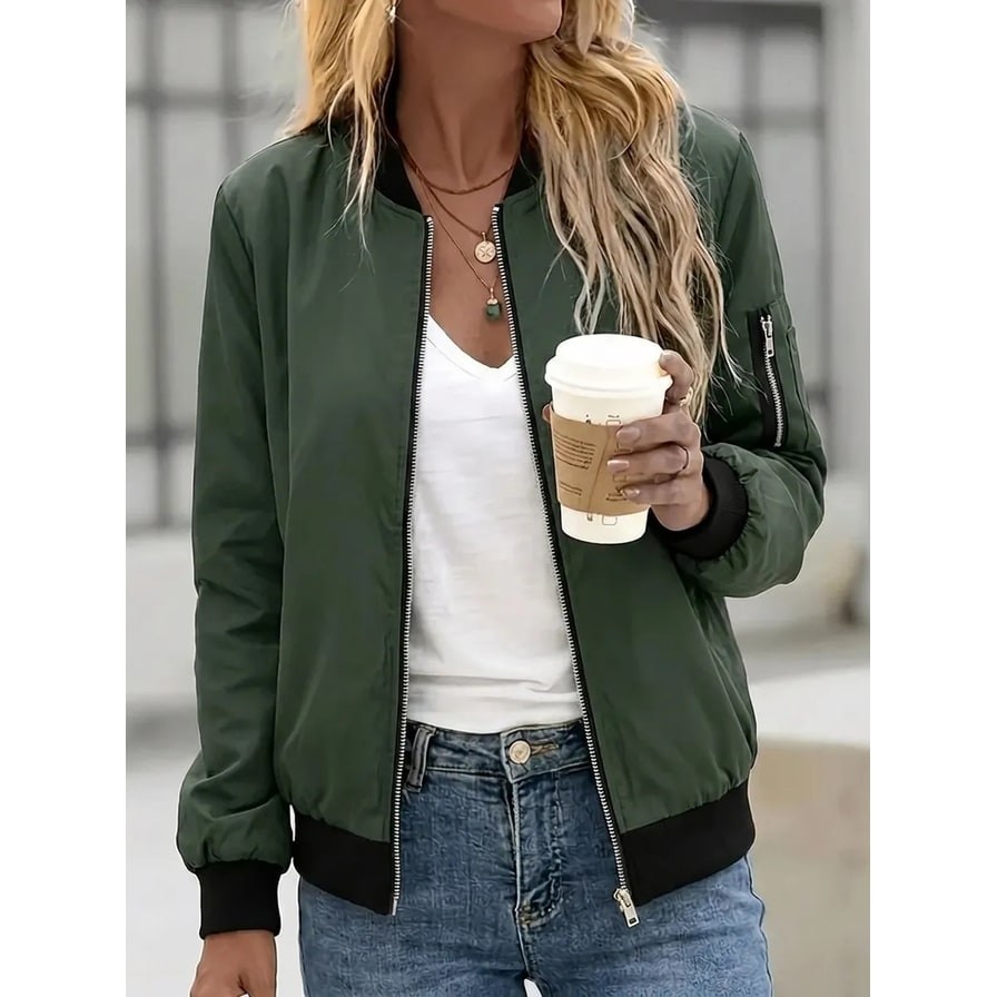 Women's Bomber Jacket with Zippered Sleeve Pocket and Ribbed Trim - Image 6