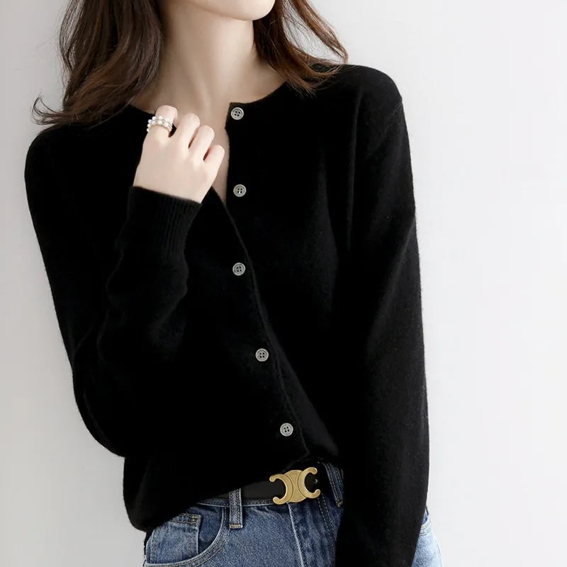 Women's Button-Up Cardigan Sweater with Ribbed Knit Cuffs and Crewneck - Image 1