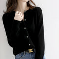 Women's Button-Up Cardigan Sweater with Ribbed Knit Cuffs and Crewneck - Image 1