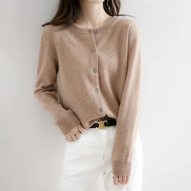 Women's Button-Up Cardigan Sweater with Ribbed Knit Cuffs and Crewneck - Image 2