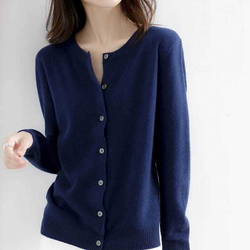 Women's Button-Up Cardigan Sweater with Ribbed Knit Cuffs and Crewneck - Image 3