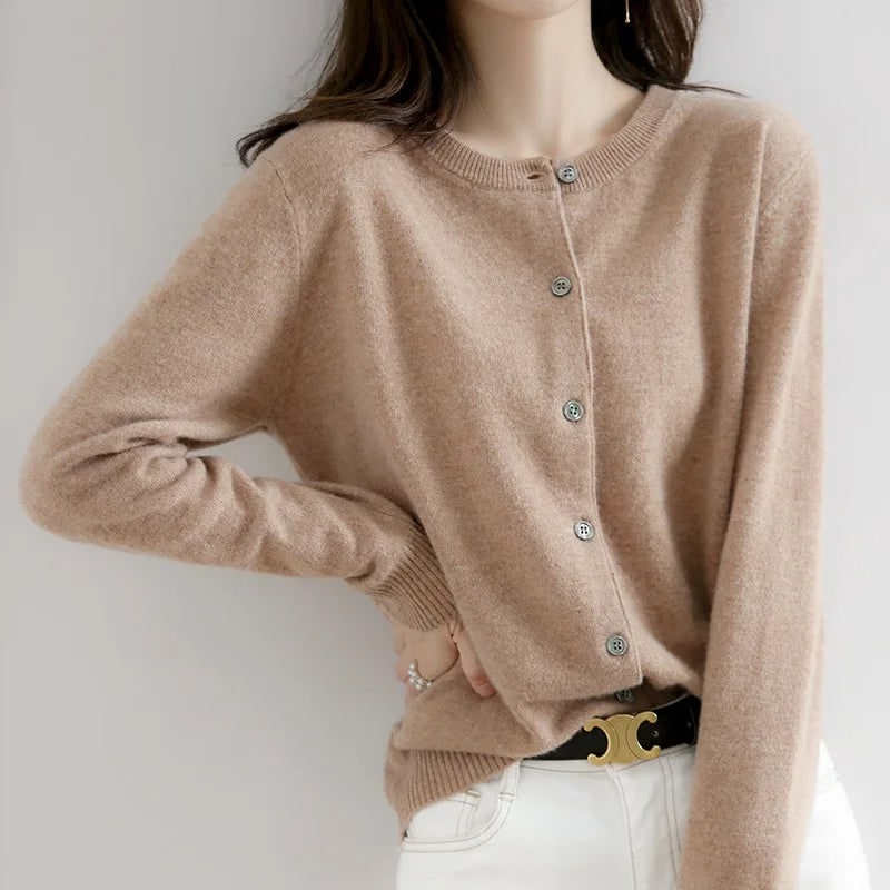 Women's Button-Up Cardigan Sweater with Ribbed Knit Cuffs and Crewneck - Image 6