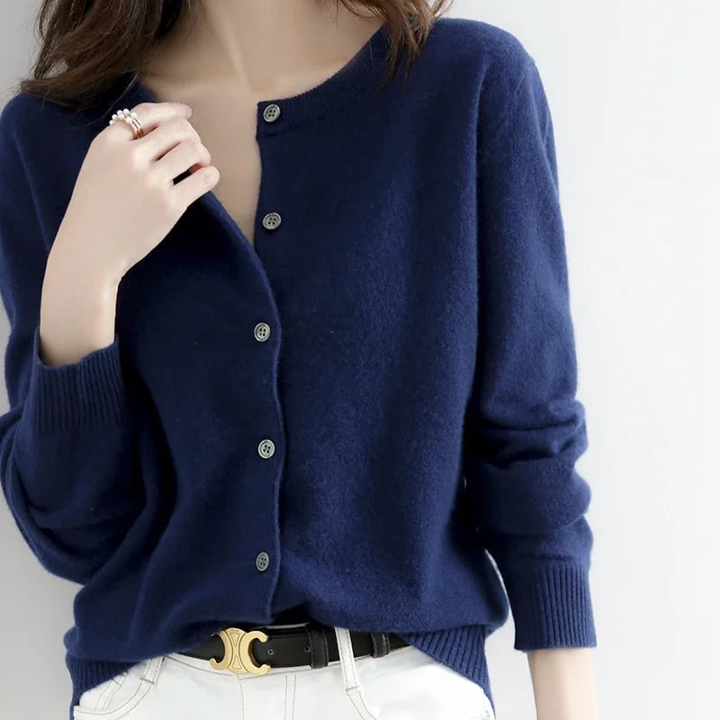 Women's Button-Up Cardigan Sweater with Ribbed Knit Cuffs and Crewneck - Image 7