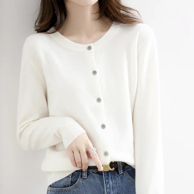 Women's Button-Up Cardigan Sweater with Ribbed Knit Cuffs and Crewneck - Image 9