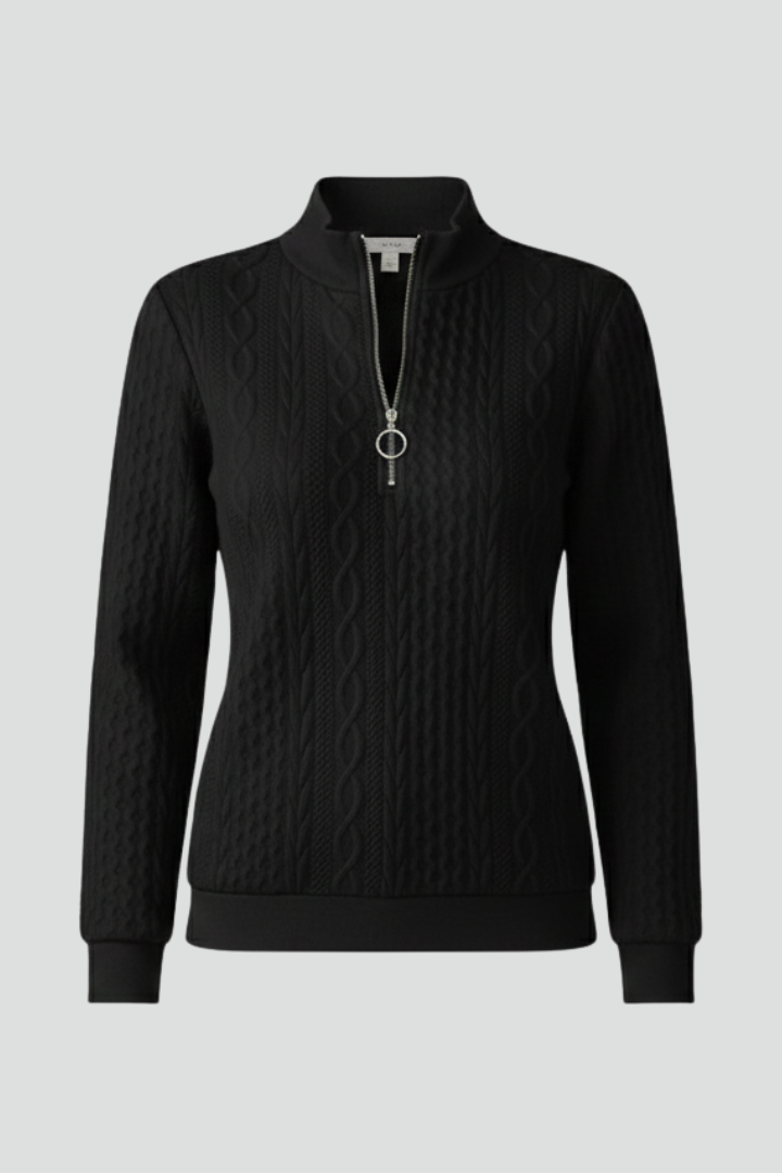 Women's Cable Knit Quarter Zip Sweater with Ribbed Cuffs and Ring Pull - Image 1