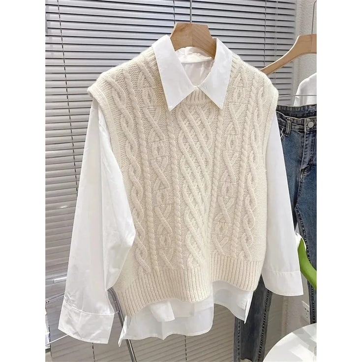 Women's Cable Knit Sweater Vest Sleeveless with Crewneck and Ribbed Trim - Image 1