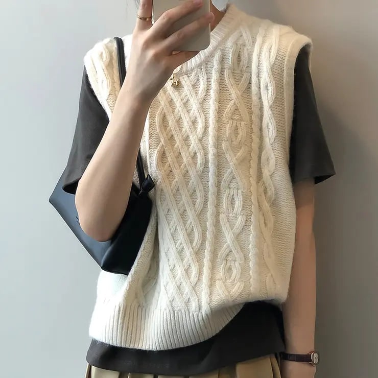 Women's Cable Knit Sweater Vest Sleeveless with Crewneck and Ribbed Trim - Image 2