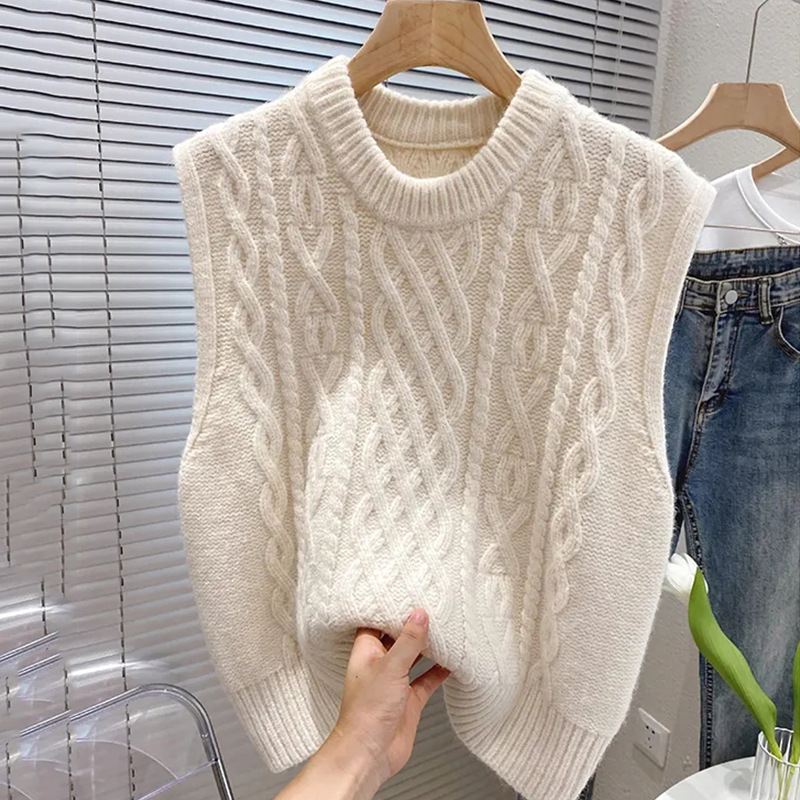 Women's Cable Knit Sweater Vest Sleeveless with Crewneck and Ribbed Trim - Image 3