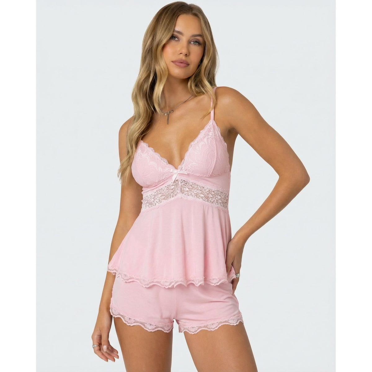 Women's Cami Pajama Set with Lace Trim and Matching Shorts - Image 1