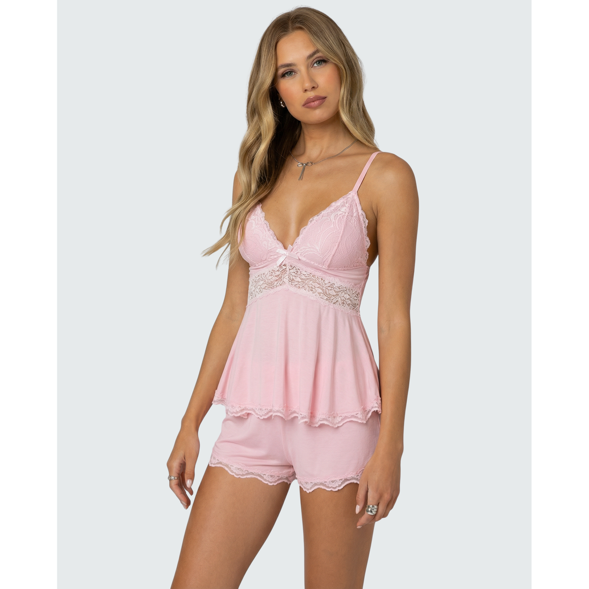 Women's Cami Pajama Set with Lace Trim and Matching Shorts - Image 2