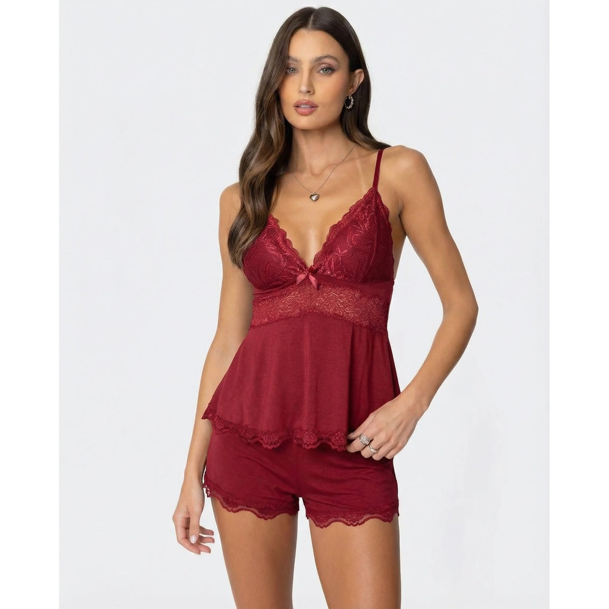 Women's Cami Pajama Set with Lace Trim and Matching Shorts - Image 5