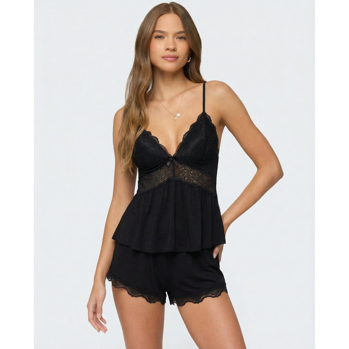 Women's Cami Pajama Set with Lace Trim and Matching Shorts - Image 9