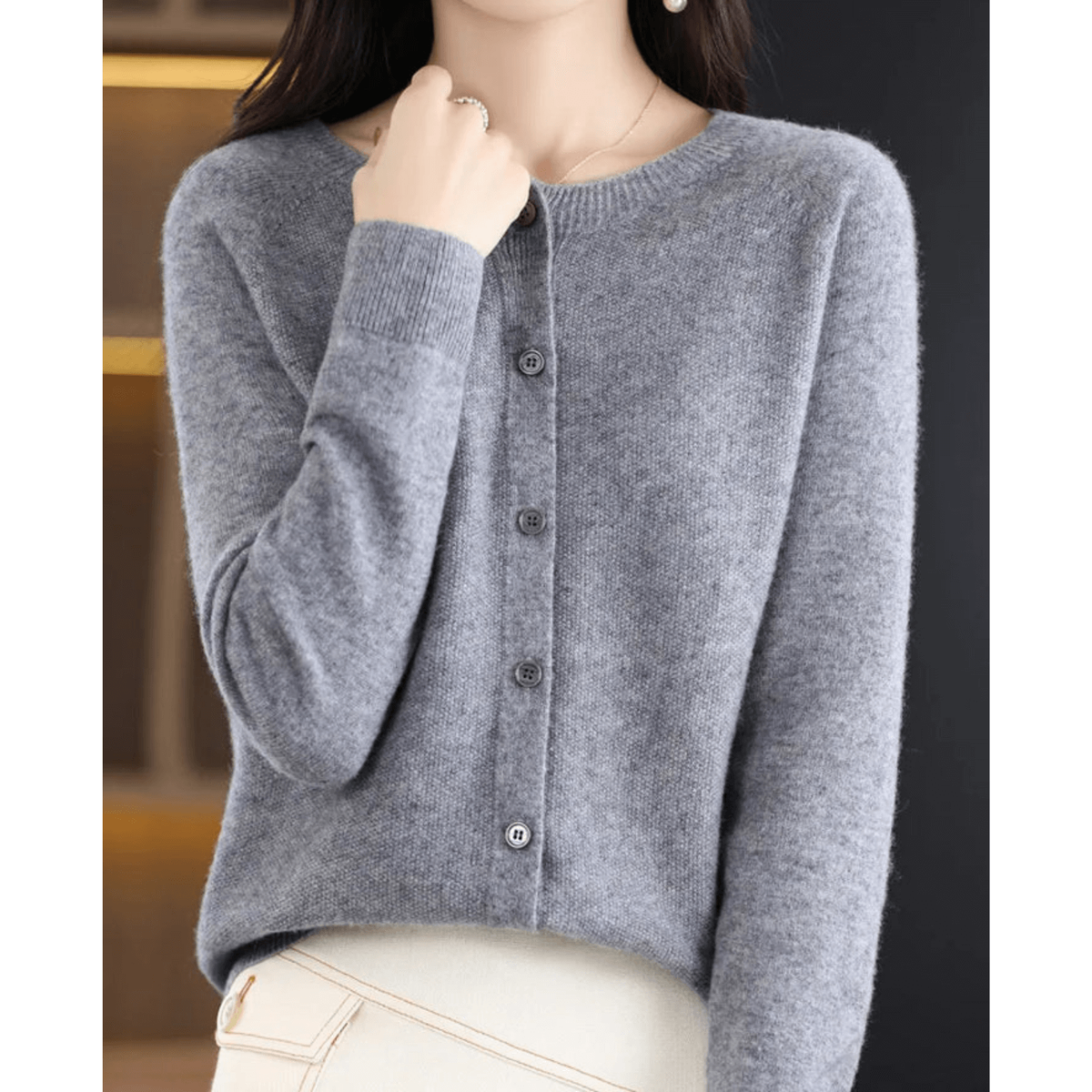 Women's Cardigan Sweater Knit Button Front Crew Neck Ribbed Cuffs - Image 11
