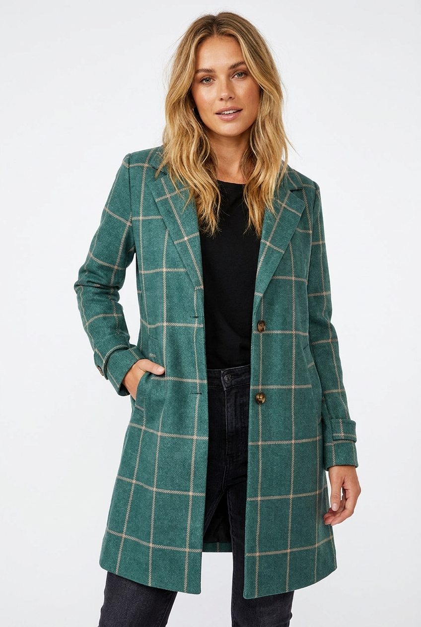 Women's Checkered Wool Blend Plaid Coat with Notched Lapel and Tortoiseshell Buttons - Image 3