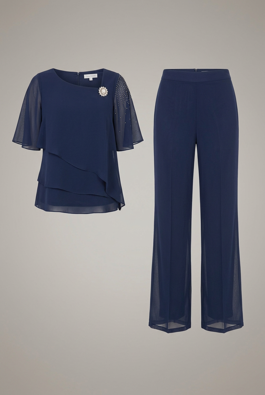 Women's Chiffon Pantsuit with Layered Embellished Top and Wide Leg Trousers - Image 1