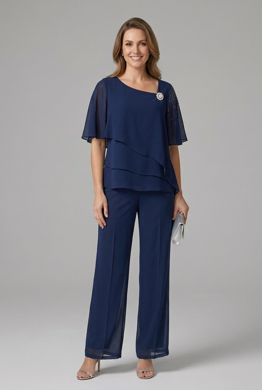 Women's Chiffon Pantsuit with Layered Embellished Top and Wide Leg Trousers - Image 2