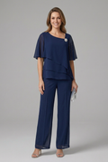 Women's Chiffon Pantsuit with Layered Embellished Top and Wide Leg Trousers - Image 2