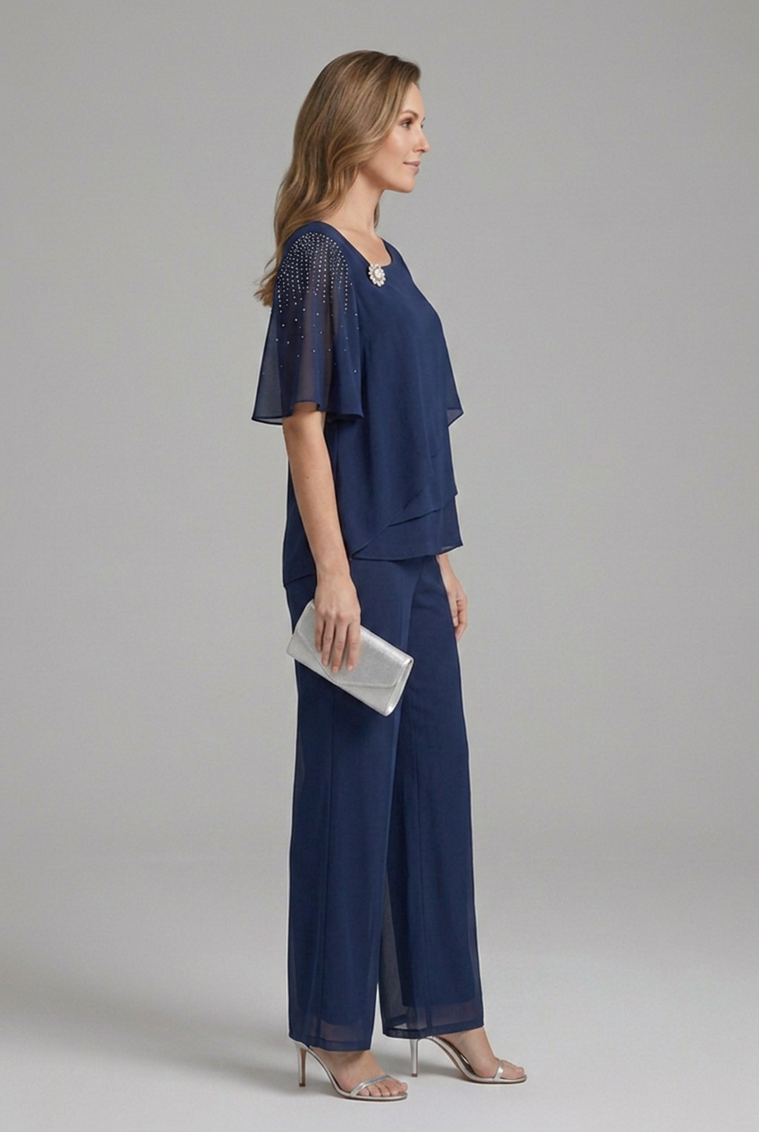 Women's Chiffon Pantsuit with Layered Embellished Top and Wide Leg Trousers - Image 3
