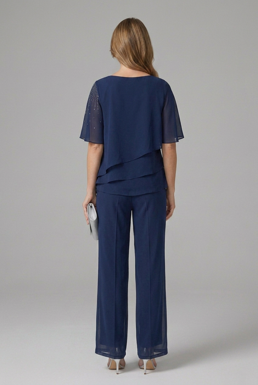 Women's Chiffon Pantsuit with Layered Embellished Top and Wide Leg Trousers - Image 4