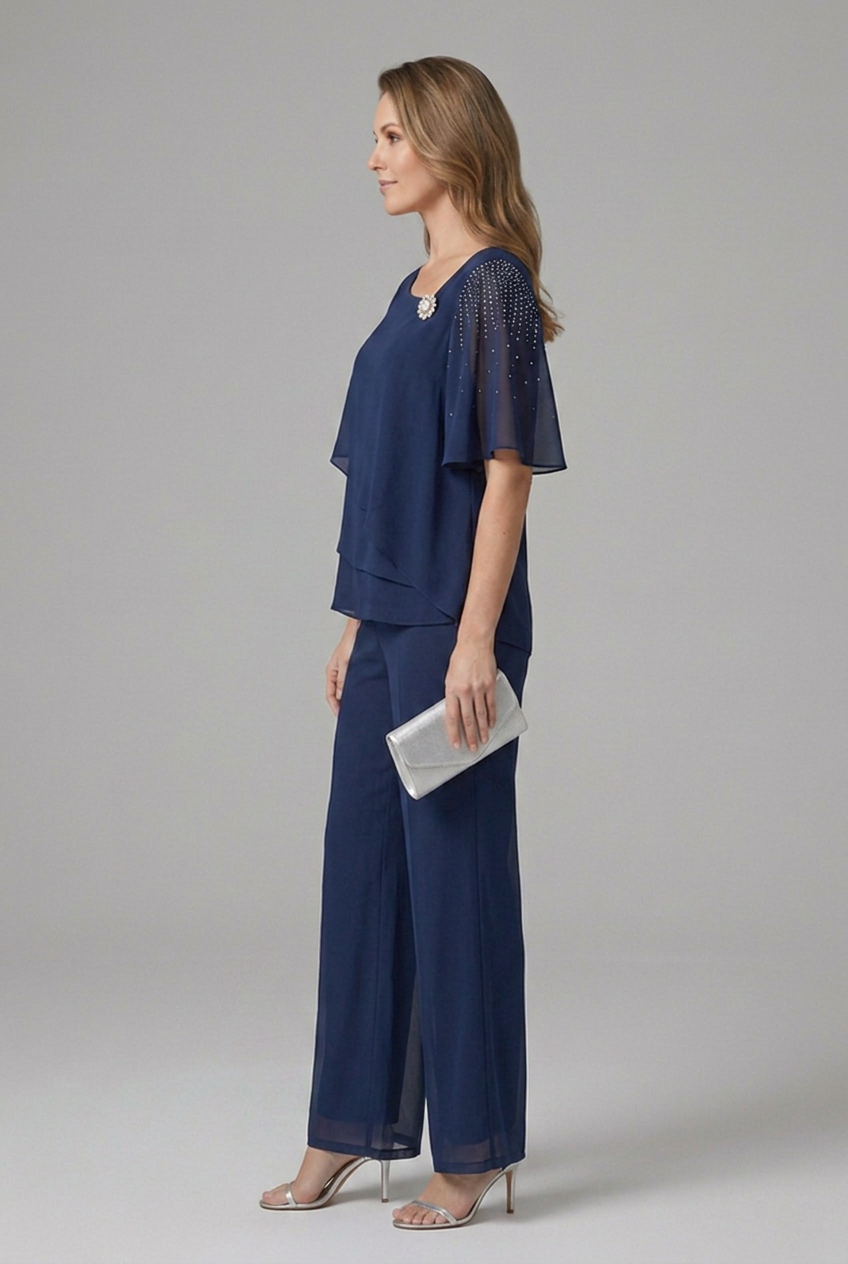 Women's Chiffon Pantsuit with Layered Embellished Top and Wide Leg Trousers - Image 5
