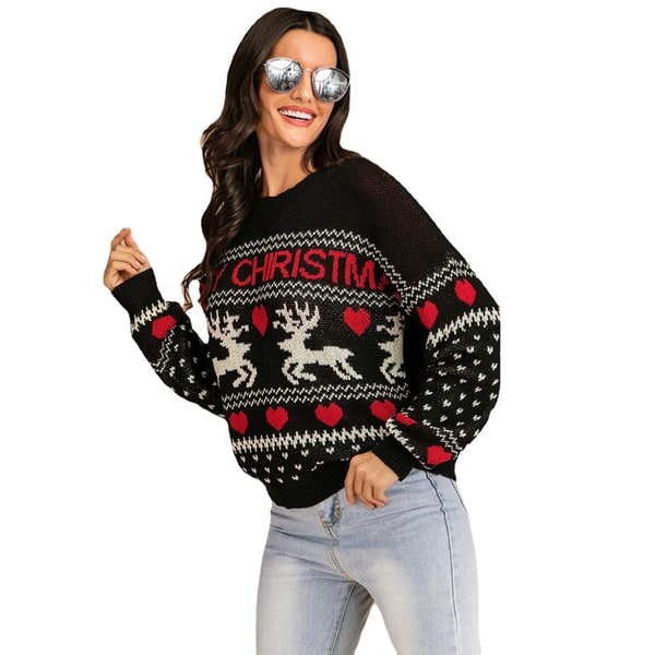 Women's Christmas Sweater Ugly Festive Knit Crewneck with Reindeer Fair Isle - Image 1