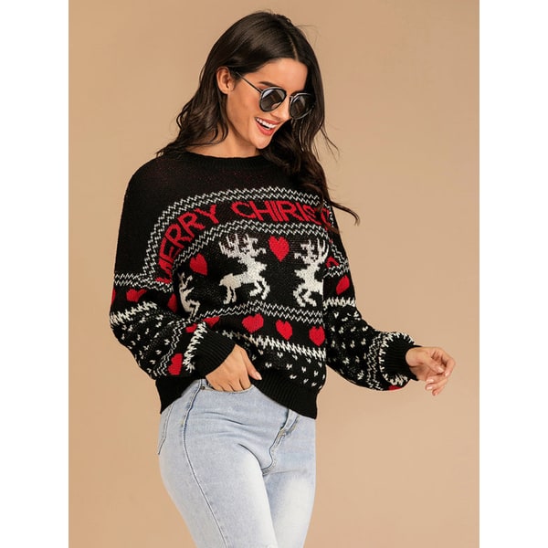Women's Christmas Sweater Ugly Festive Knit Crewneck with Reindeer Fair Isle - Image 2