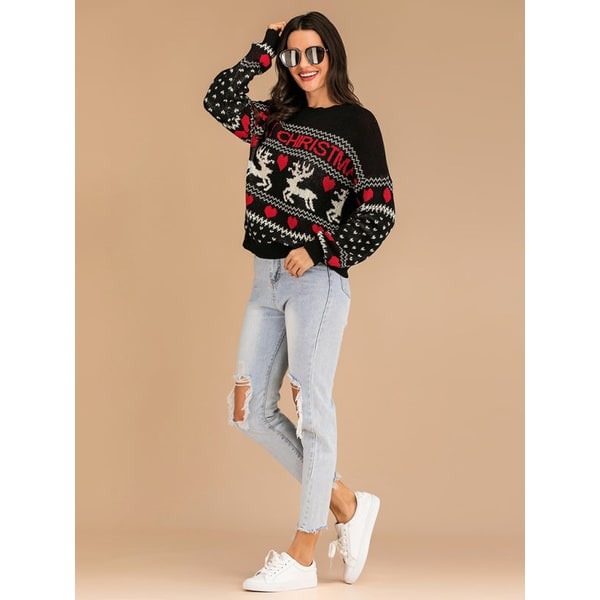 Women's Christmas Sweater Ugly Festive Knit Crewneck with Reindeer Fair Isle - Image 3