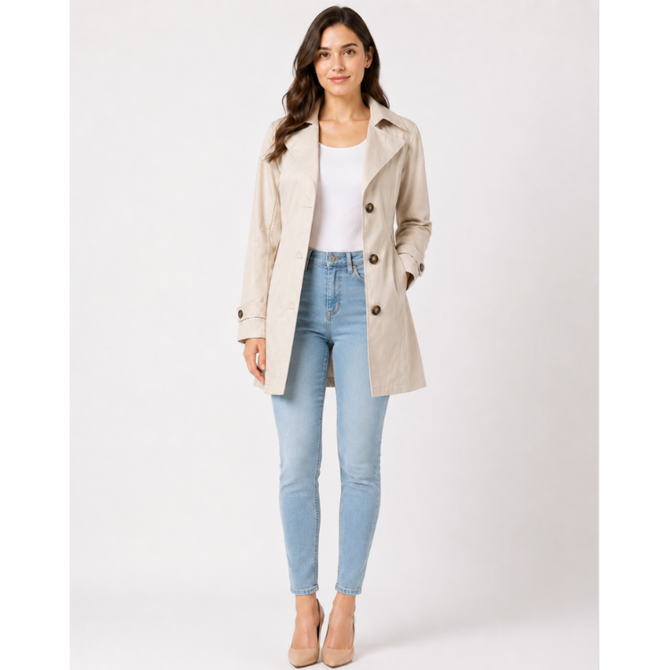 Women's Classic Cropped Trench Coat with Notched Lapel and Button Cuffs - Image 1