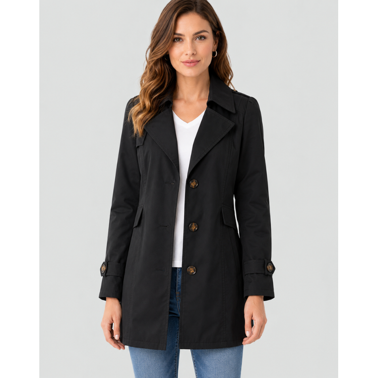 Women's Classic Cropped Trench Coat with Notched Lapel and Button Cuffs - Image 2