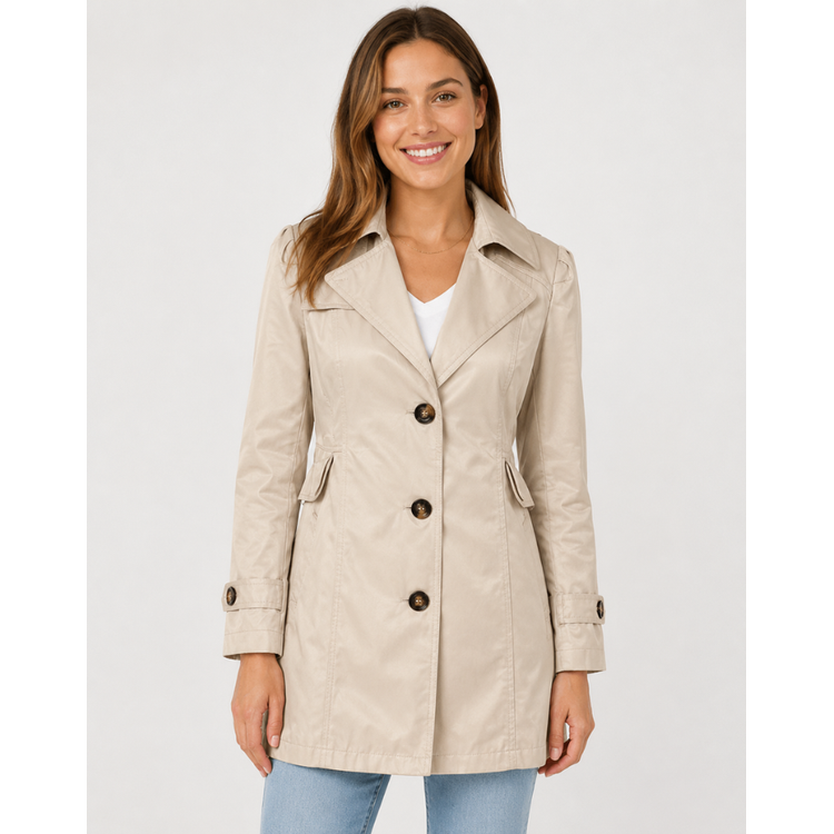 Women's Classic Cropped Trench Coat with Notched Lapel and Button Cuffs - Image 3