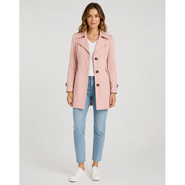 Women's Classic Cropped Trench Coat with Notched Lapel and Button Cuffs - Image 4